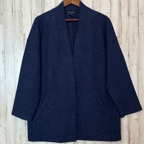 Eileen Fisher 100 Merino Wool Open Cardigan XL Navy Old Money Lagenlook EUC - Picture 1 of 8